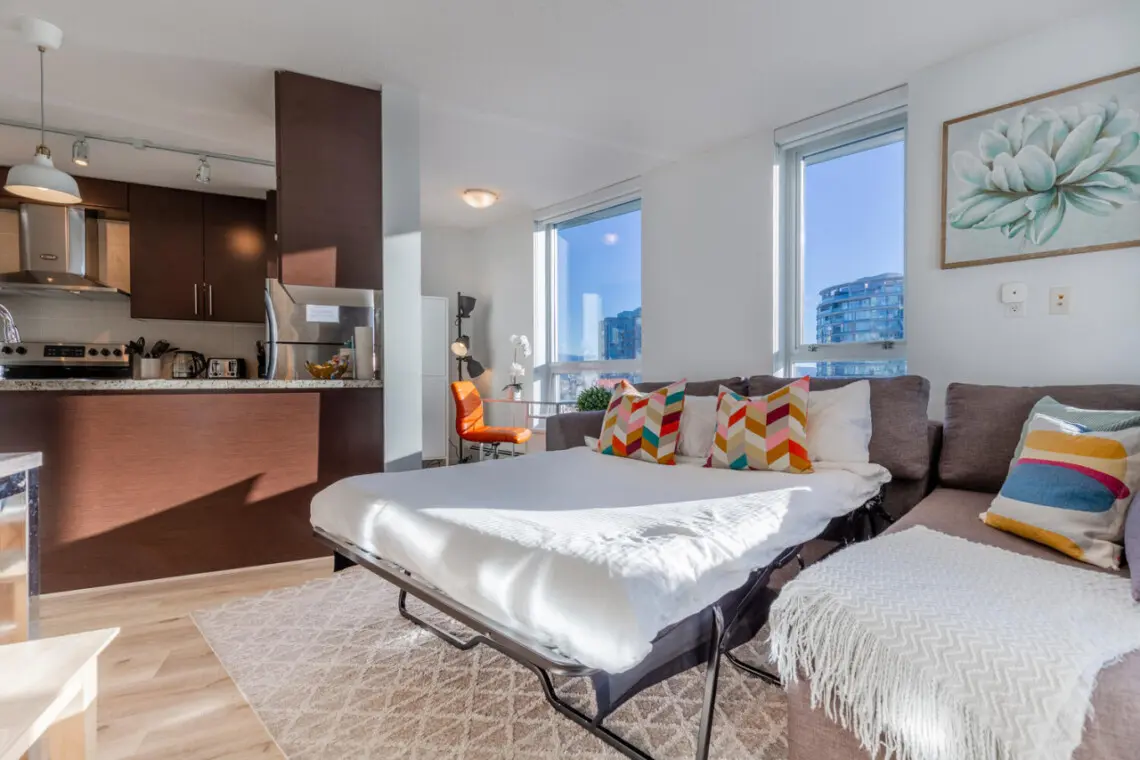 Experience effortless comfort with a sectional that easily converts into a sofabed featuring a plush 5" memory foam mattress. Perfect for extra guests, this thoughtful feature ensures a restful night’s sleep in the heart of Vancouver.