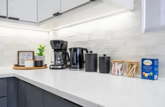 Start your day at the well-stocked coffee station, featuring a curated selection of premium coffees and teas. Enjoy a cozy, personalized morning ritual that makes every day of your stay feel just like home.