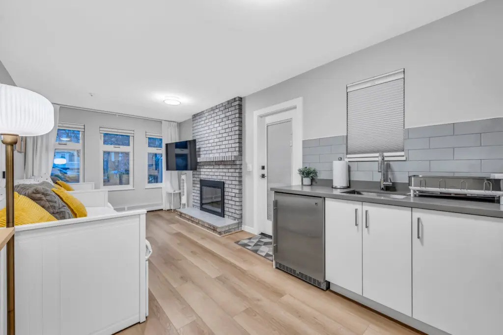 A thoughtfully designed kitchenette tucked into your cozy space — perfect for preparing a warm drink or light meal before settling in for a relaxing evening by the fire.