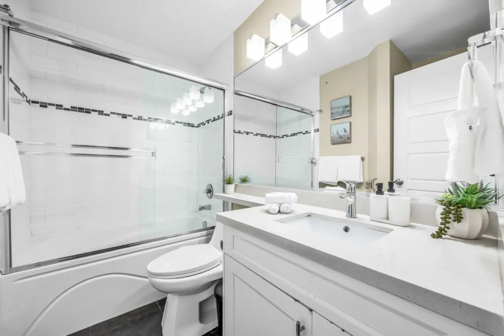 Bright and spotless bathroom featuring a bathtub, shower, and toilet for your convenience — thoughtfully located on the second floor between Bedroom 2 and Bedroom 3 for easy access.