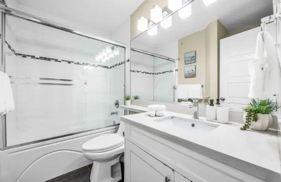 Bright and spotless bathroom featuring a bathtub, shower, and toilet for your convenience — thoughtfully located on the second floor between Bedroom 2 and Bedroom 3 for easy access.