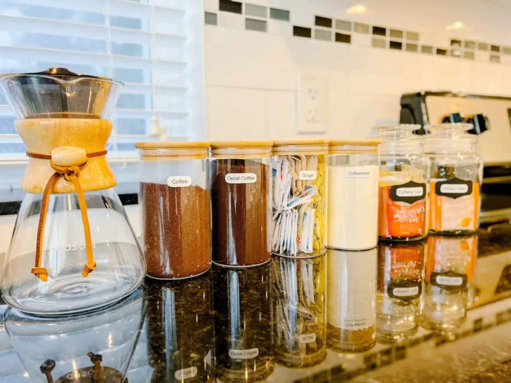 Morning Comforts — start your day at the thoughtfully stocked coffee and tea station, featuring a pour-over setup, decaf and caffeinated options, sweeteners, and creamers. Perfect for a peaceful morning ritual or an afternoon recharge.