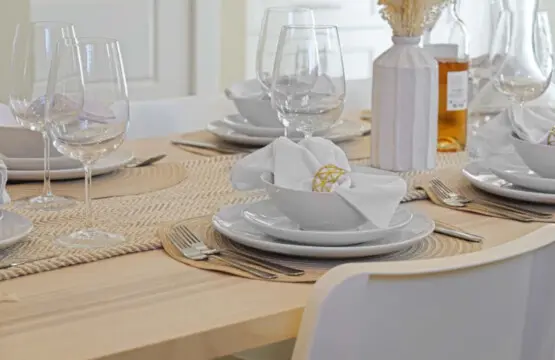 Elegant Dining — this beautifully set table invites guests to gather for meals and meaningful conversation. With seating for eight and space for up to ten, it’s perfect for family dinners, relaxed brunches, or cozy evenings in.