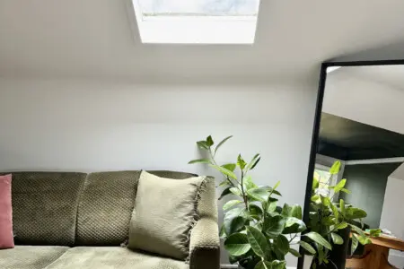 A cozy corner featuring a soft green sofa, a lush plant, and ample natural light streaming through a skylight, creating a bright and inviting space.