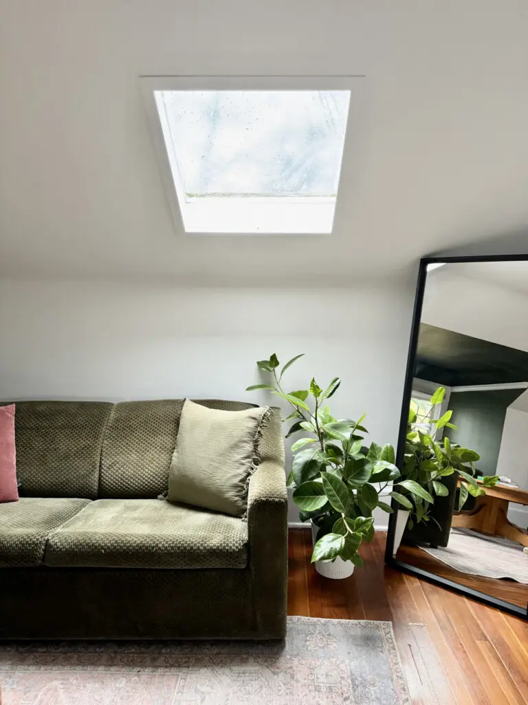 A cozy corner featuring a soft green sofa, a lush plant, and ample natural light streaming through a skylight, creating a bright and inviting space.