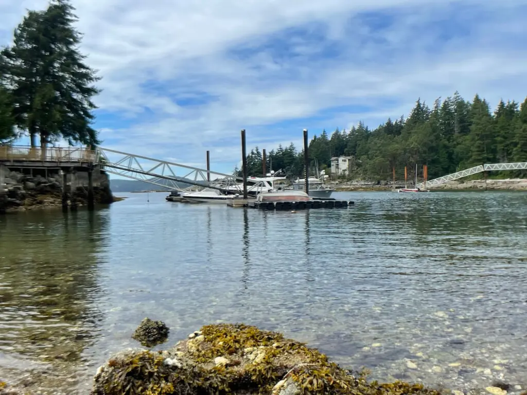 Tranquil waterfront scene with a scenic dock, boats, and clear waters, providing a serene spot to connect with nature.