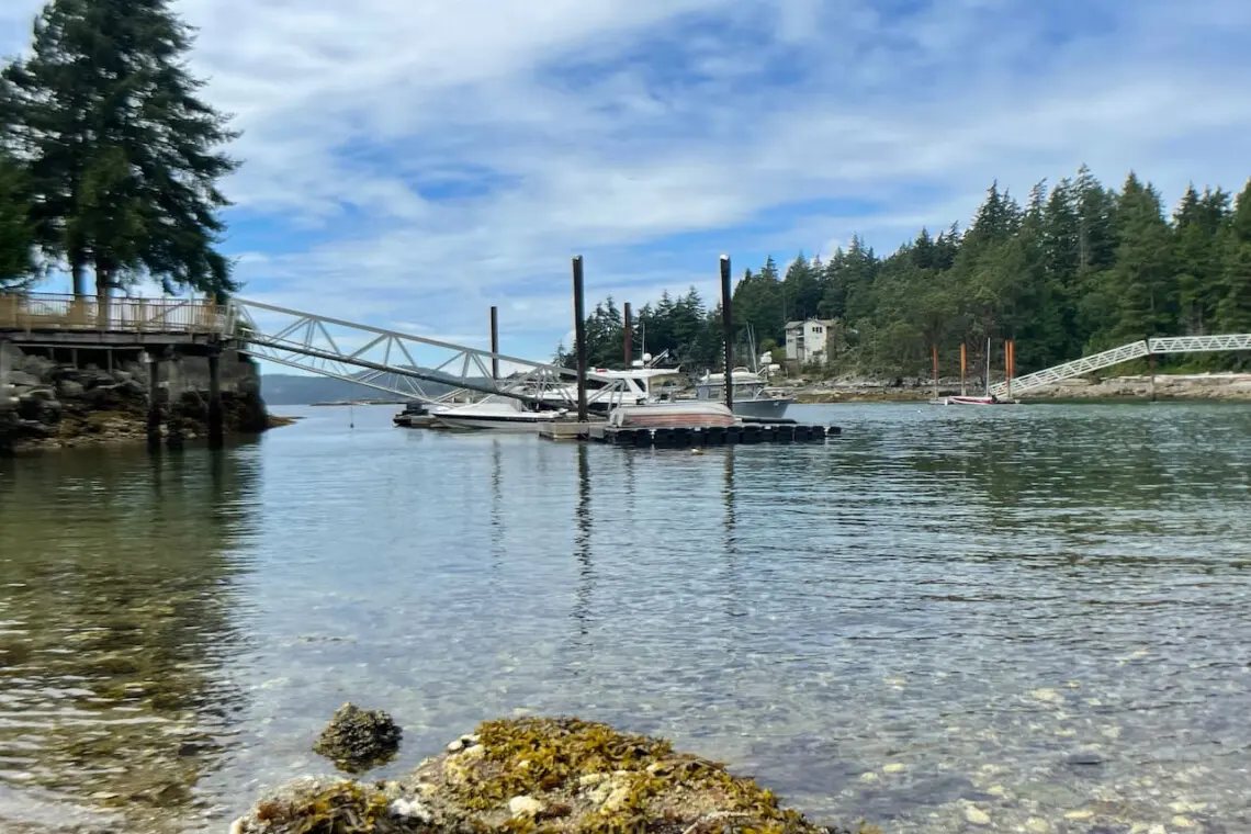 Tranquil waterfront scene with a scenic dock, boats, and clear waters, providing a serene spot to connect with nature.