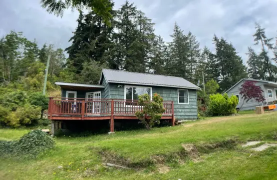 Cozy cottage surrounded by trees with a spacious deck, offering a peaceful retreat in a lush, green setting.