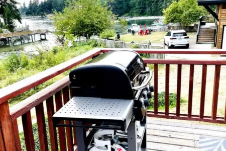 Spacious deck with a gas grill, perfect for outdoor cooking while enjoying scenic views of the surrounding nature.