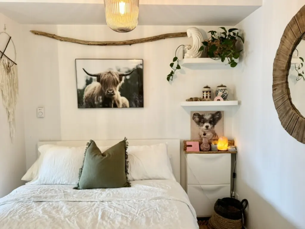Cozy and minimalistic bedroom vibes. Perfect blend of comfort, greenery, and personal touches to make you feel at home.