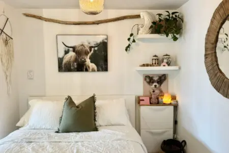 Cozy and minimalistic bedroom vibes. Perfect blend of comfort, greenery, and personal touches to make you feel at home.